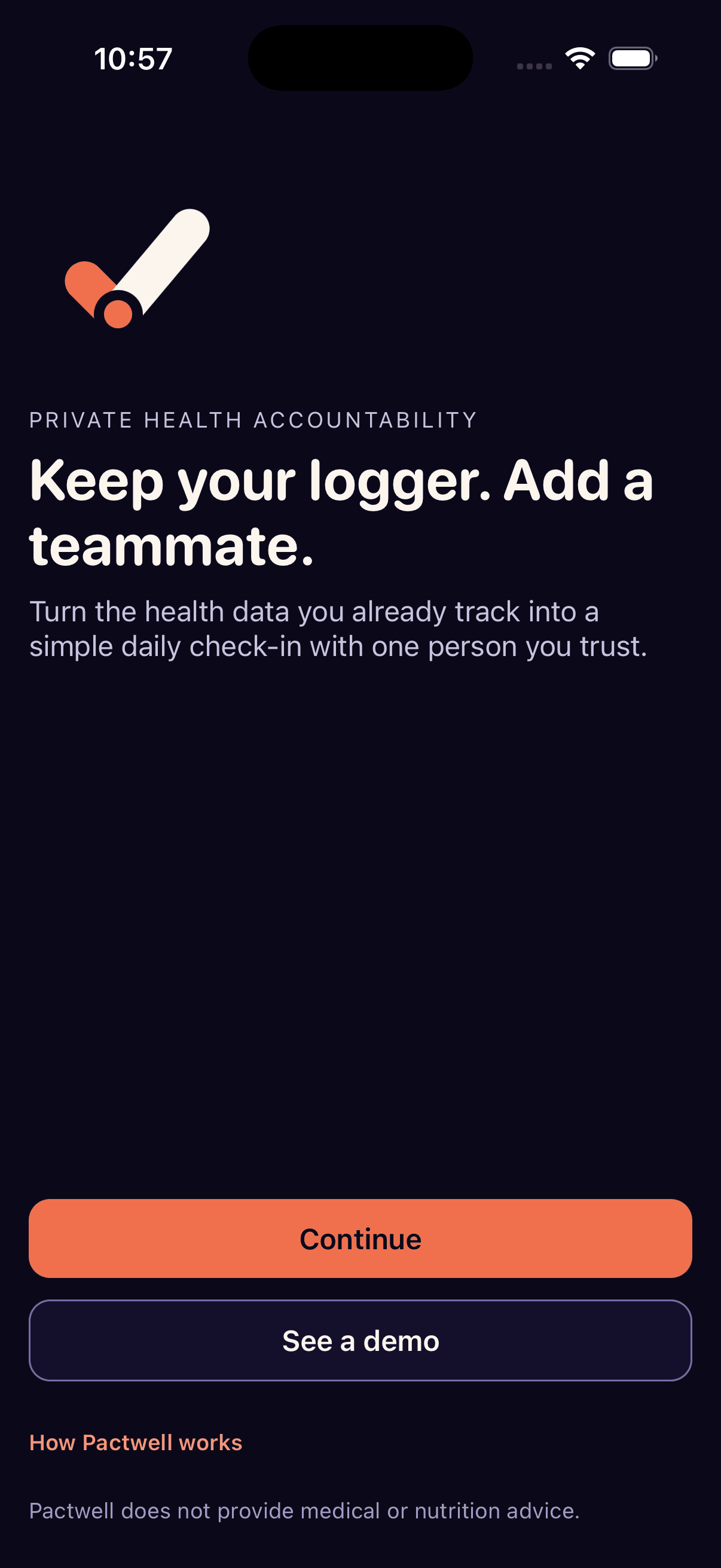 Welcome screen in dark mode