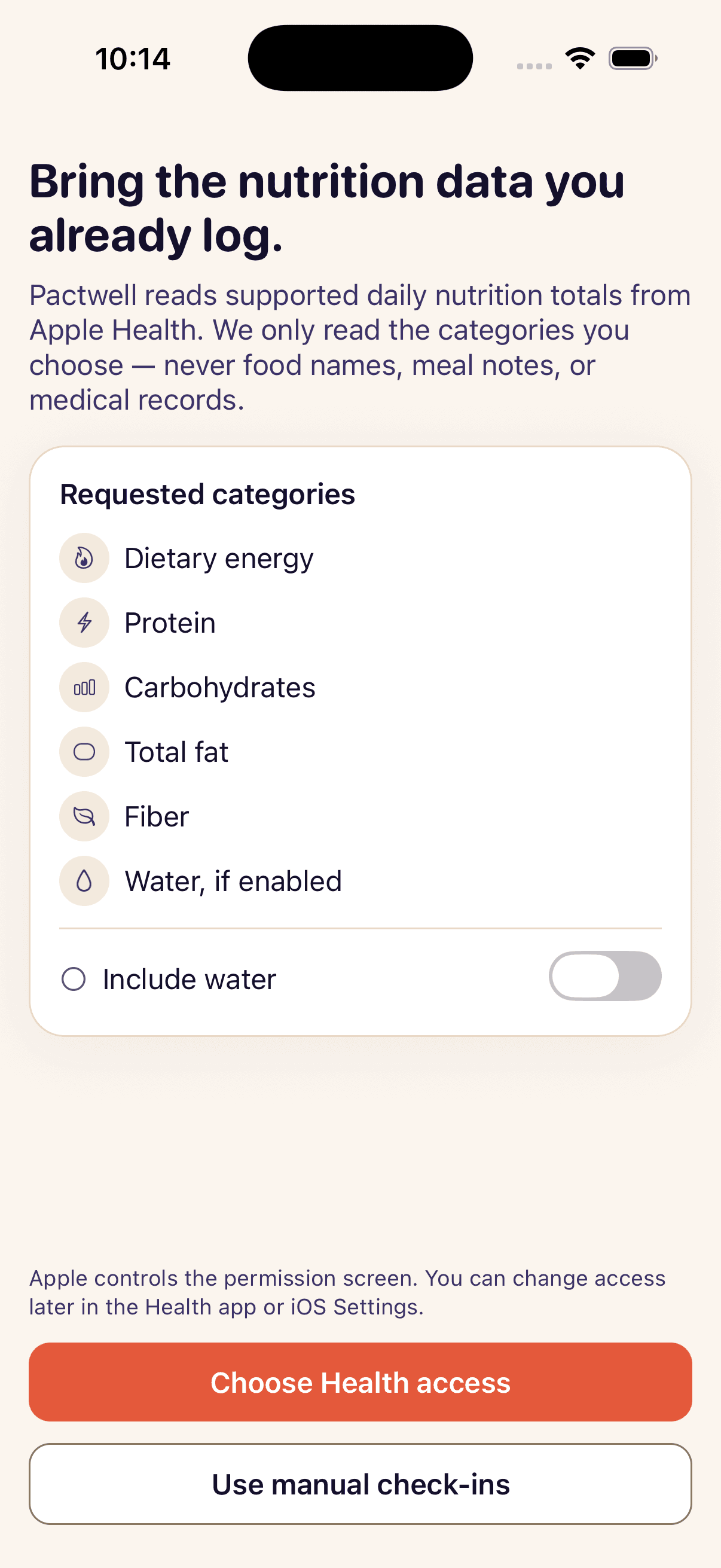 Apple Health explainer listing the requested nutrition categories