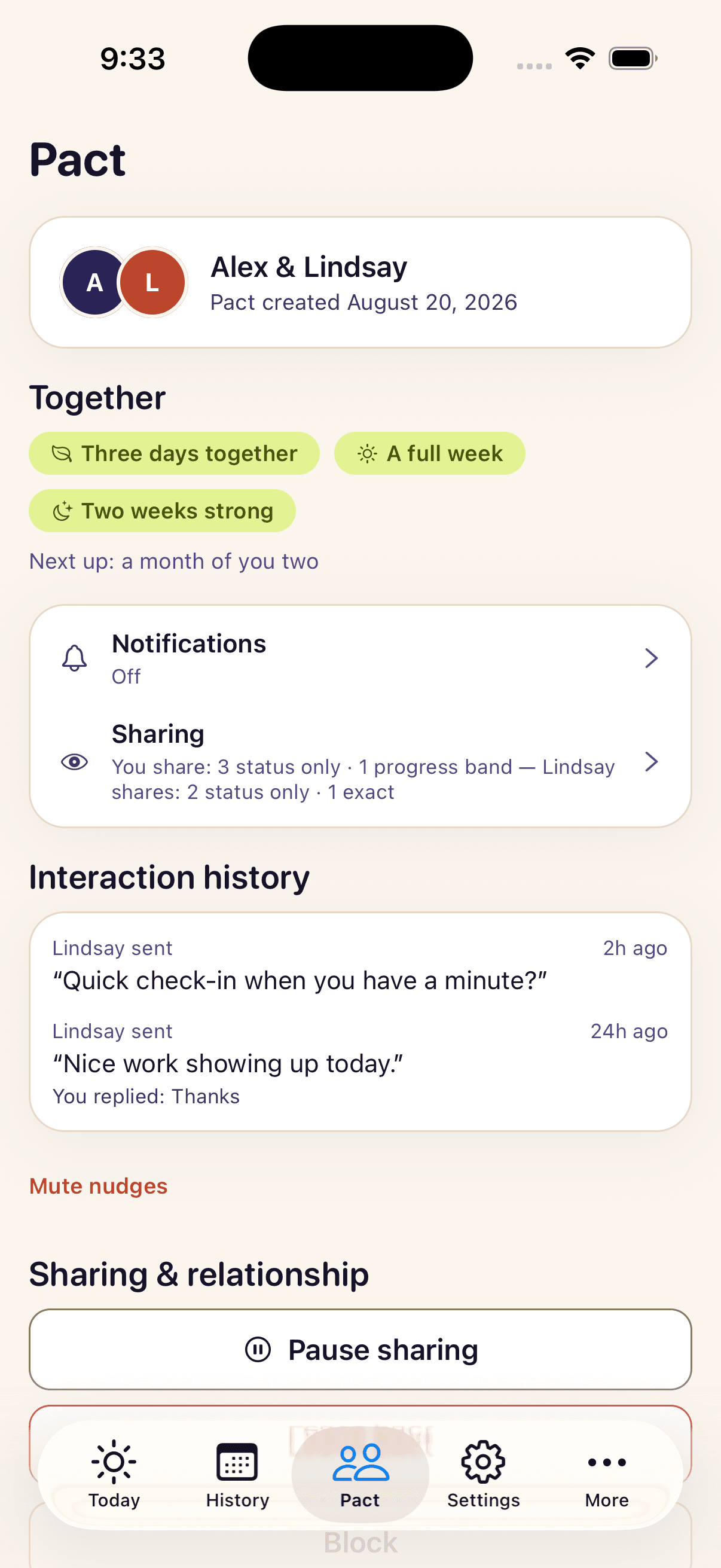 Pact screen: Alex & Lindsay, together milestones, sharing and relationship controls