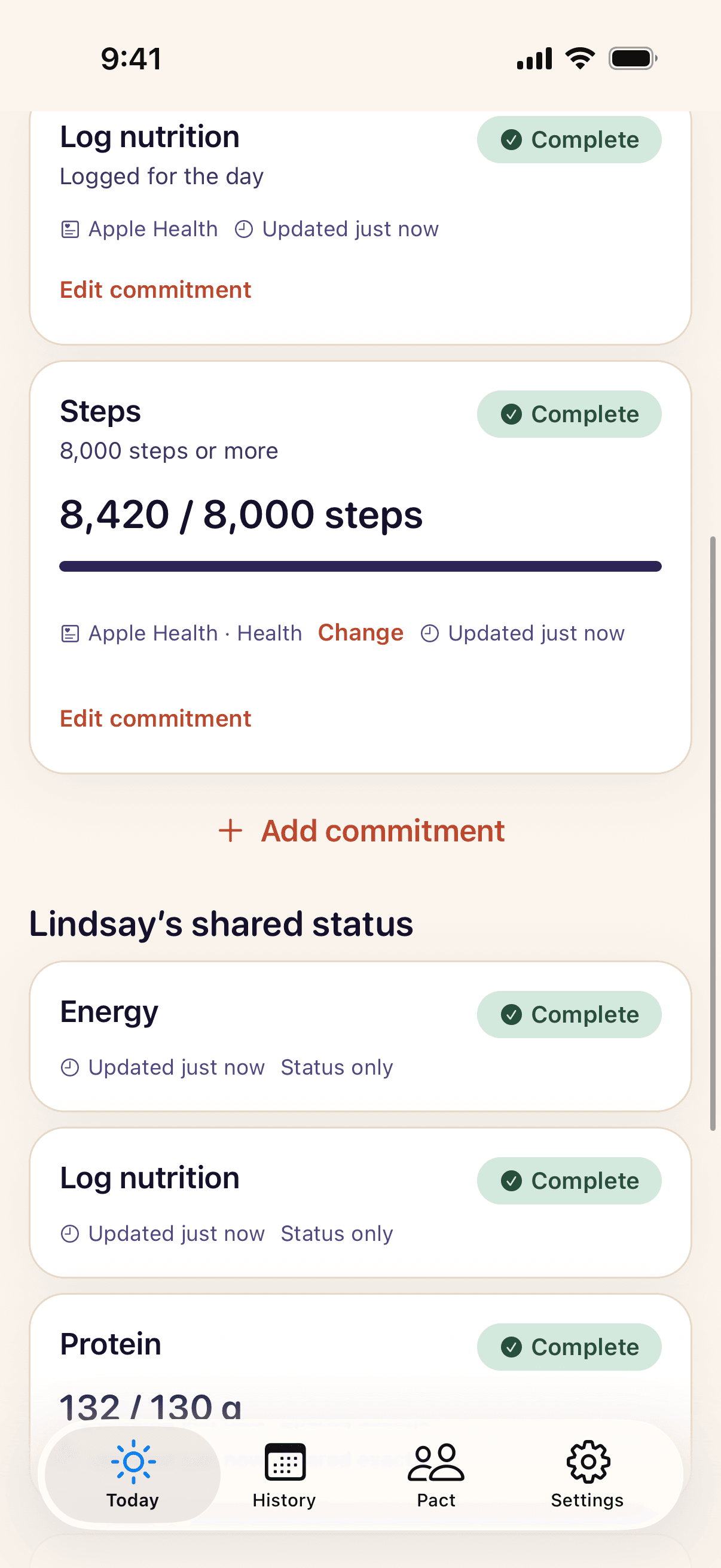Today screen with a Steps card beside nutrition commitments
