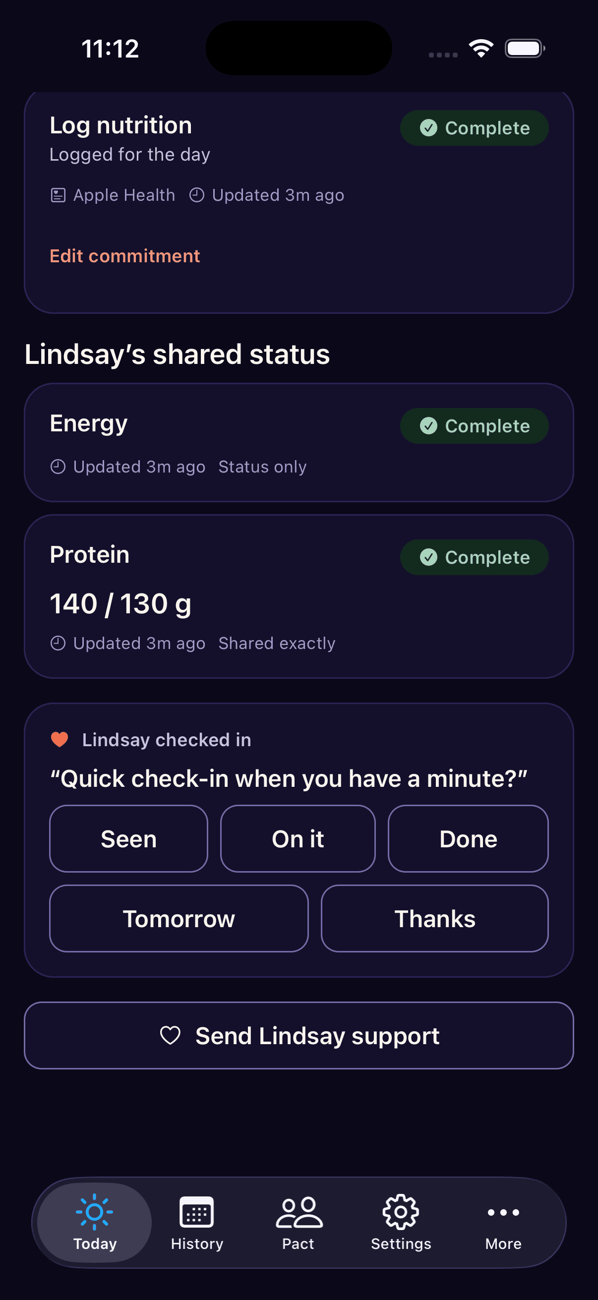 Today screen in dark mode, showing the teammate’s shared status