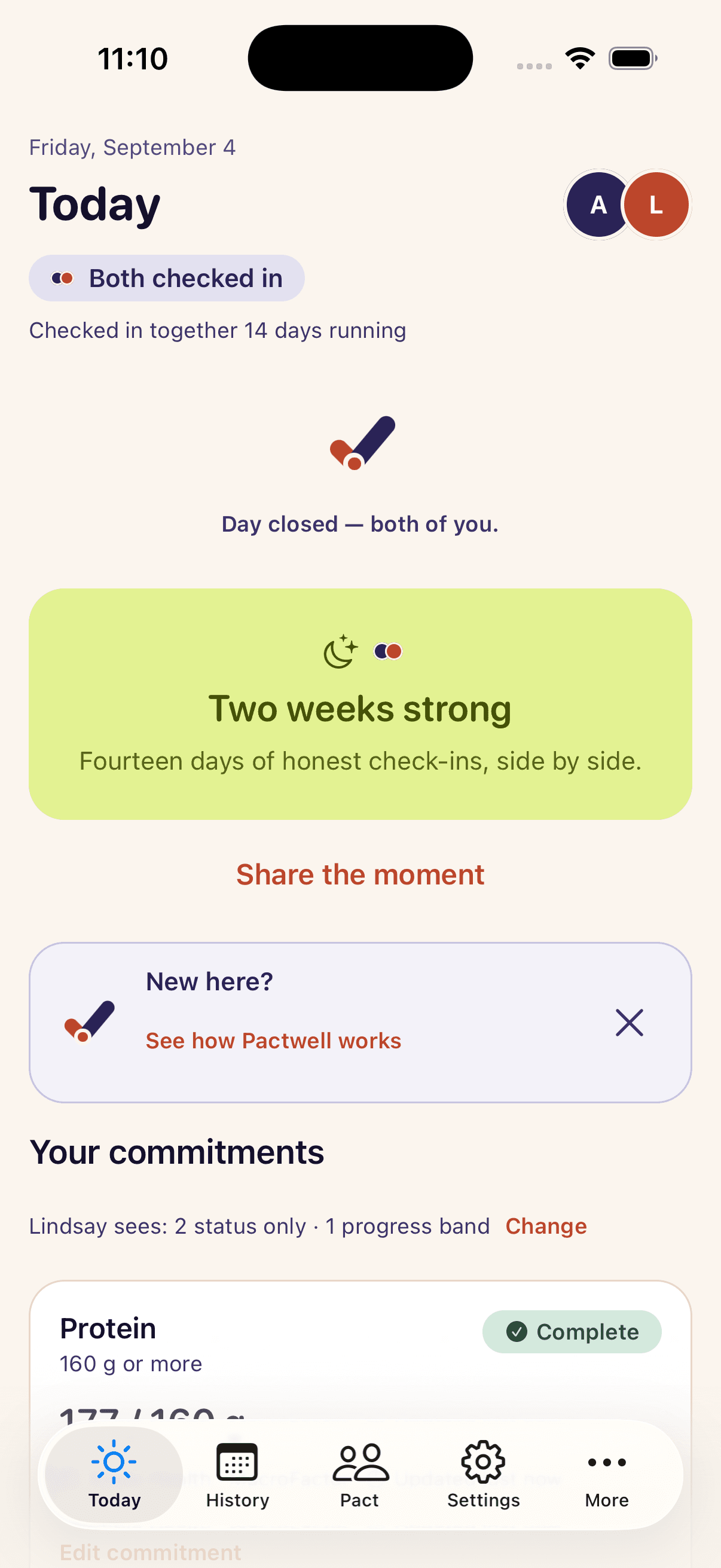 Today screen: both checked in, day closed for both, a "Two weeks strong" together milestone
