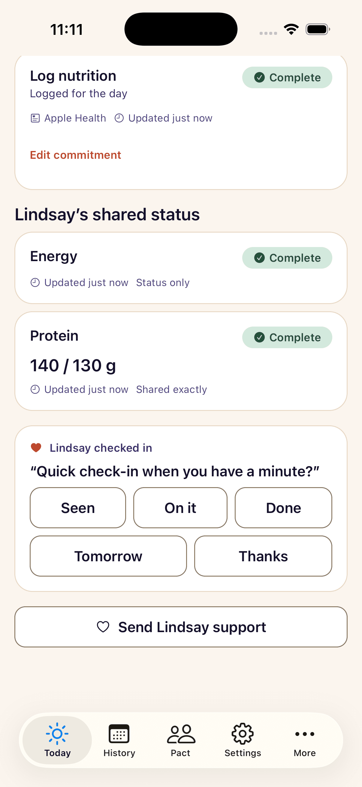 Teammate cards at each sharing level and a received check-in with quick acknowledgements